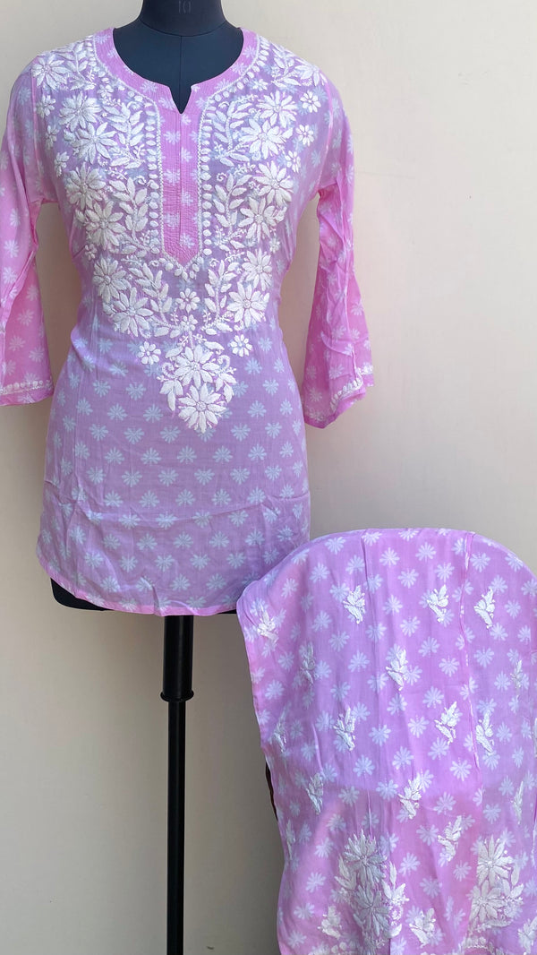 Lucknowi Chikankari Printed Co-ord Set Pink Mulmul Cotton