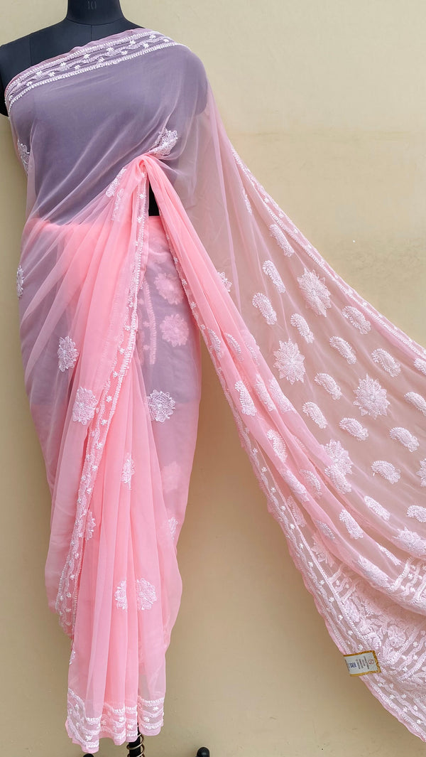 Lucknowi Chikankari Saree Peach Georgette