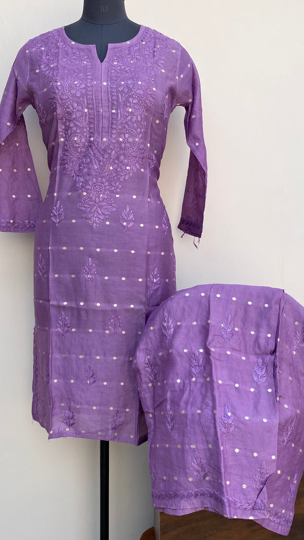 Lucknowi Chikankari Co-ord Set Purple Mal Chanderi With Self Work