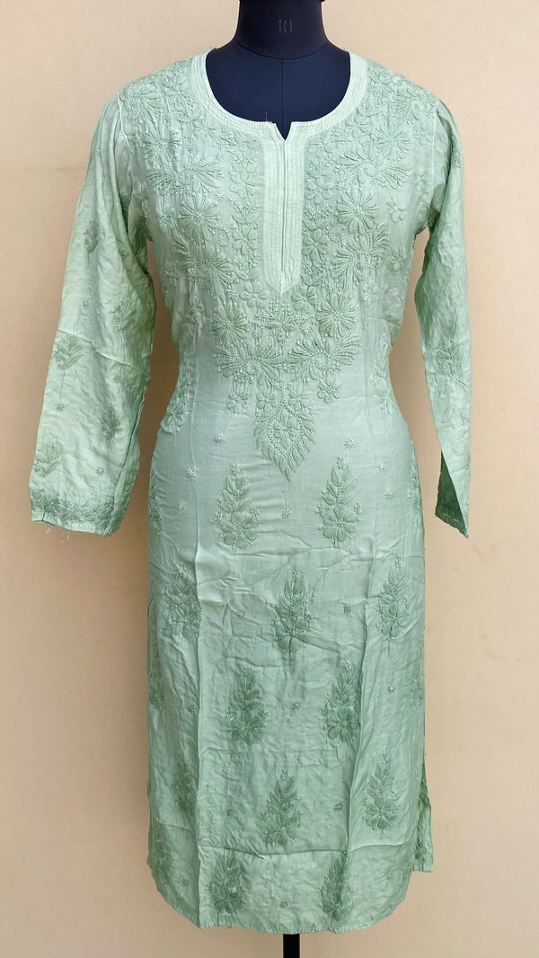 Lucknowi Chikankari Ombre Kurti Green Muslin Cotton With Self 3D Work