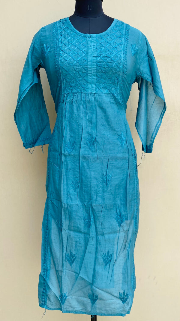 Lucknowi ChikanKari Kurti Turquoise Blue Mal Chanderi With Self 3D Work