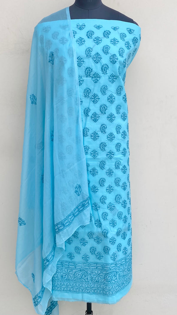 Lucknowi Chikankari Suit Length 3 Piece Blue Cotton