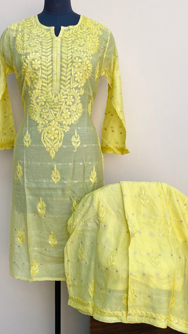 Lucknowi Chikankari Co-ord Set Yellow Mal Chanderi With Self Work