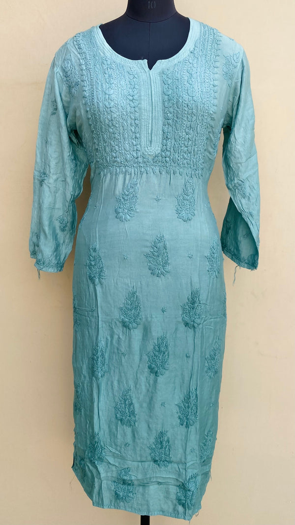 Lucknowi Chikankari Ombre Kurti Teal Green Muslin Cotton With Self 3D Work