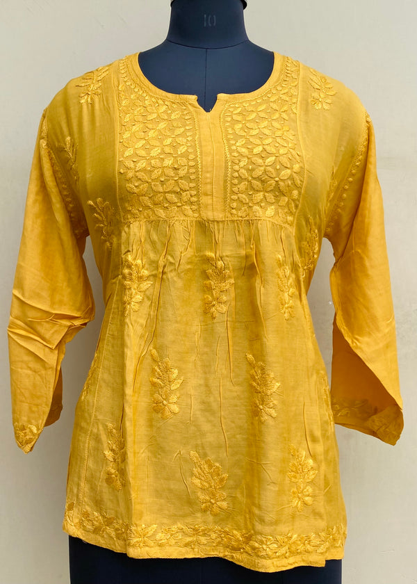 Lucknowi ChikanKari Short Kurti Mustard Mal Chanderi With Self 3D Work