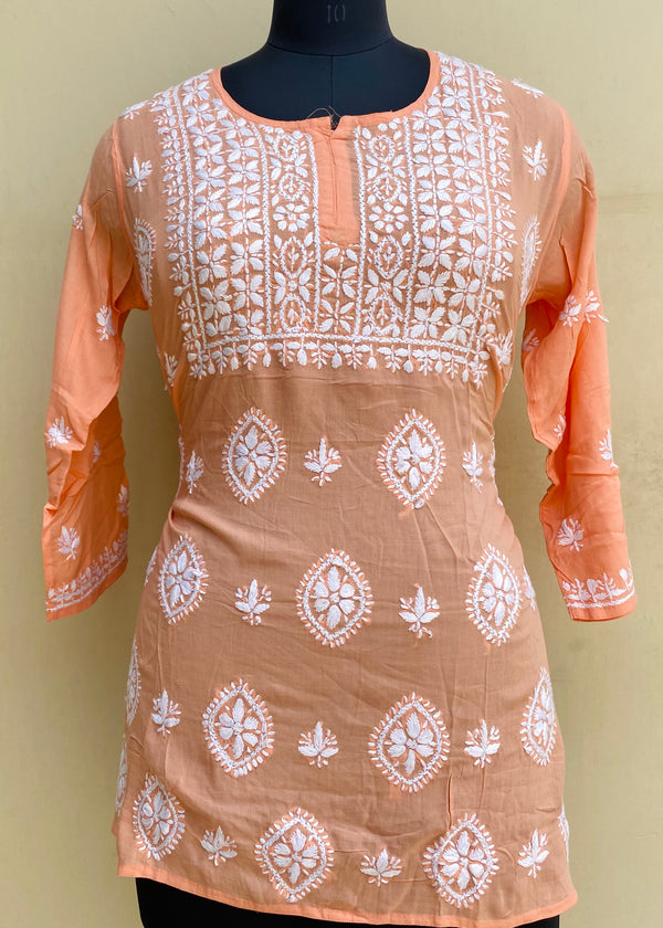 Lucknowi ChikanKari Short Kurti Peach Modal Cotton