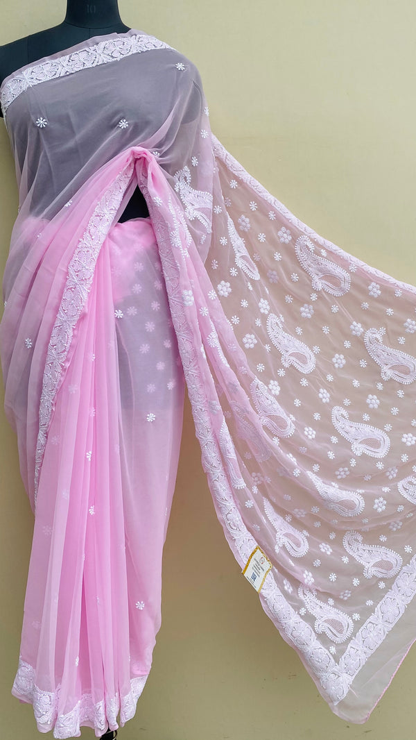 Lucknowi Chikankari Saree Pink Georgette With Jaali Work