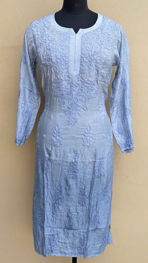 Lucknowi Chikankari Ombre Kurti Powder Blue Muslin Cotton With Self 3D Work