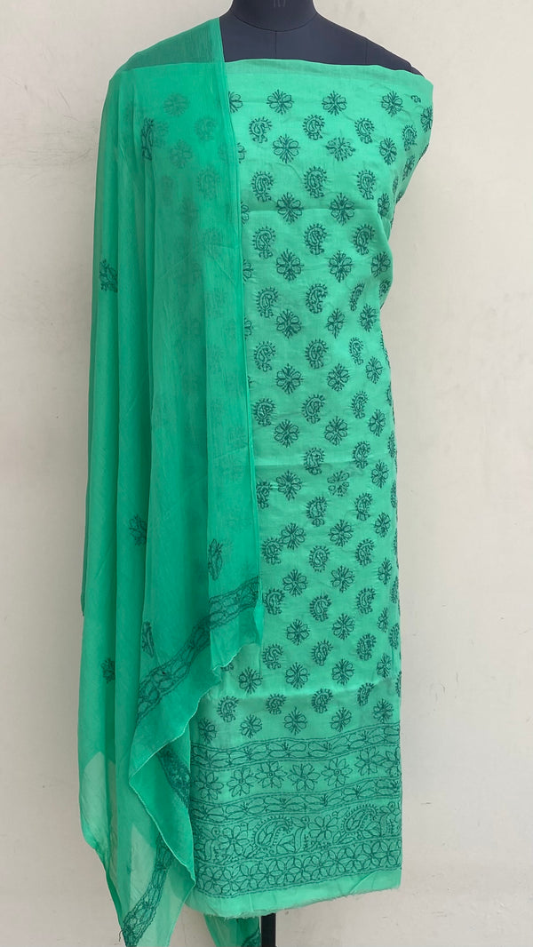 Lucknowi Chikankari Suit Length 3 Piece Green Cotton