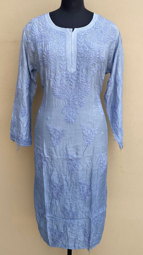 Lucknowi Chikankari Ombre Kurti Powder Blue Muslin Cotton With Self 3D Work
