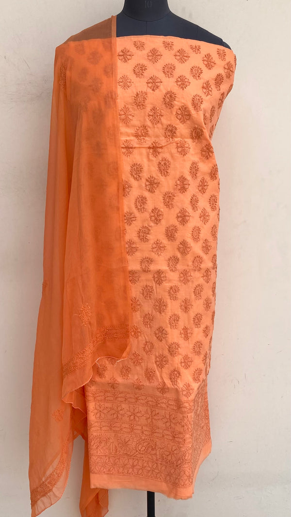 Lucknowi Chikankari Suit Length 3 Piece Orange Cotton