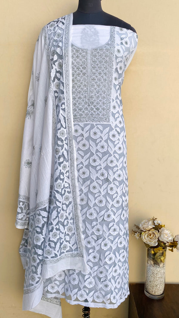 Lucknowi Chikankari Suit Length 2 Piece White Mulmul Cotton With Applique Work