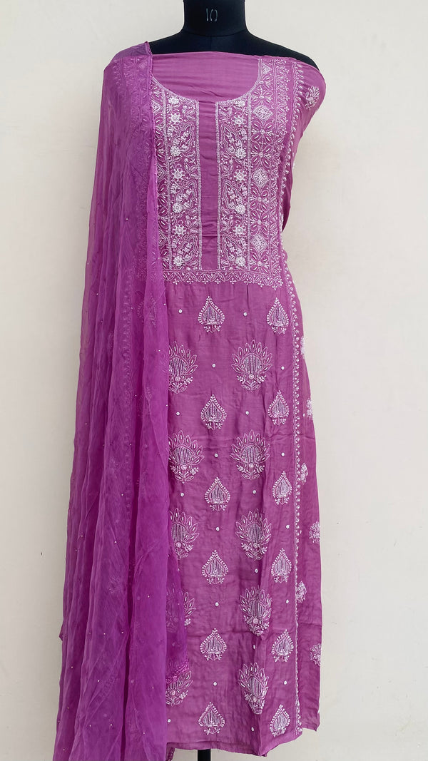Lucknowi Chikankari Suit Length 2 Piece Purple Muslin Cotton With Pearl & Cutdana Work