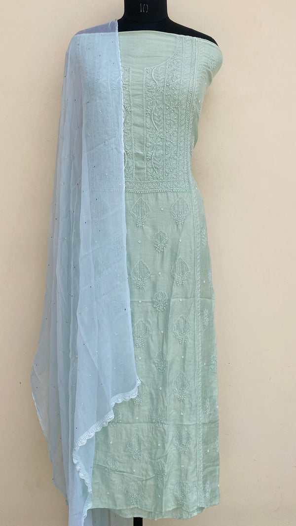 Lucknowi Chikankari Suit Length 2 Piece Green Muslin Cotton  With Pearl & Cutdana Work