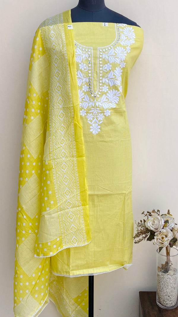 Designer Embroidered Suit Length 3 Piece Yellow Mal Cotton With Mirror Work