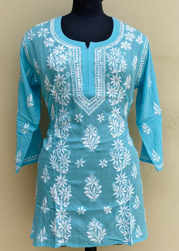 Lucknowi ChikanKari Short Kurti Blue Modal Cotton