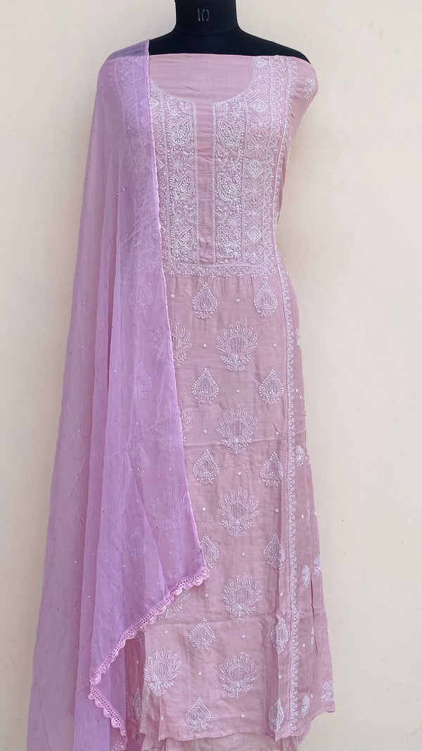 Lucknowi Chikankari Suit Length 2 Piece Pink Muslin Cotton With Pearl & Cutdana Work