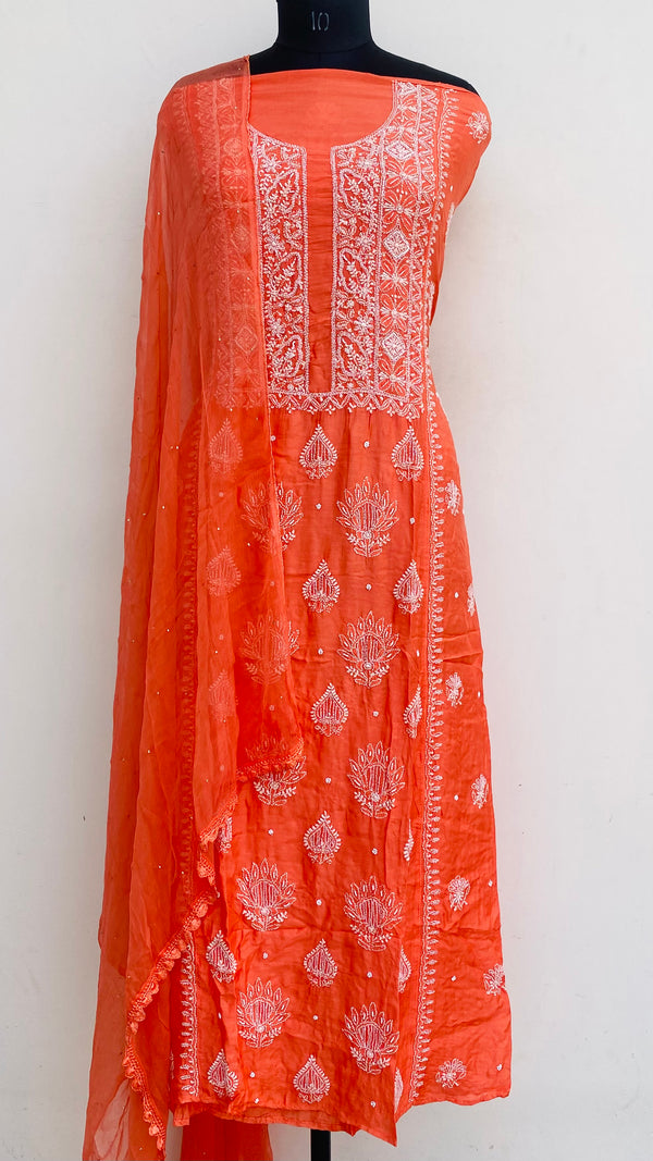 Lucknowi Chikankari Suit Length 2 Piece Orange Muslin Cotton  With Pearl & Cutdana Work