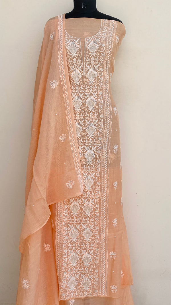 Lucknowi Chikankari Suit Length 2 Piece Peach Mal Chanderi With Pearl & Cutdana Work