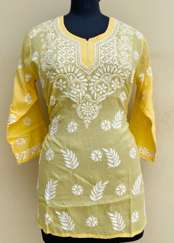 Lucknowi Chikankari Short Kurti Yellow Modal Cotton