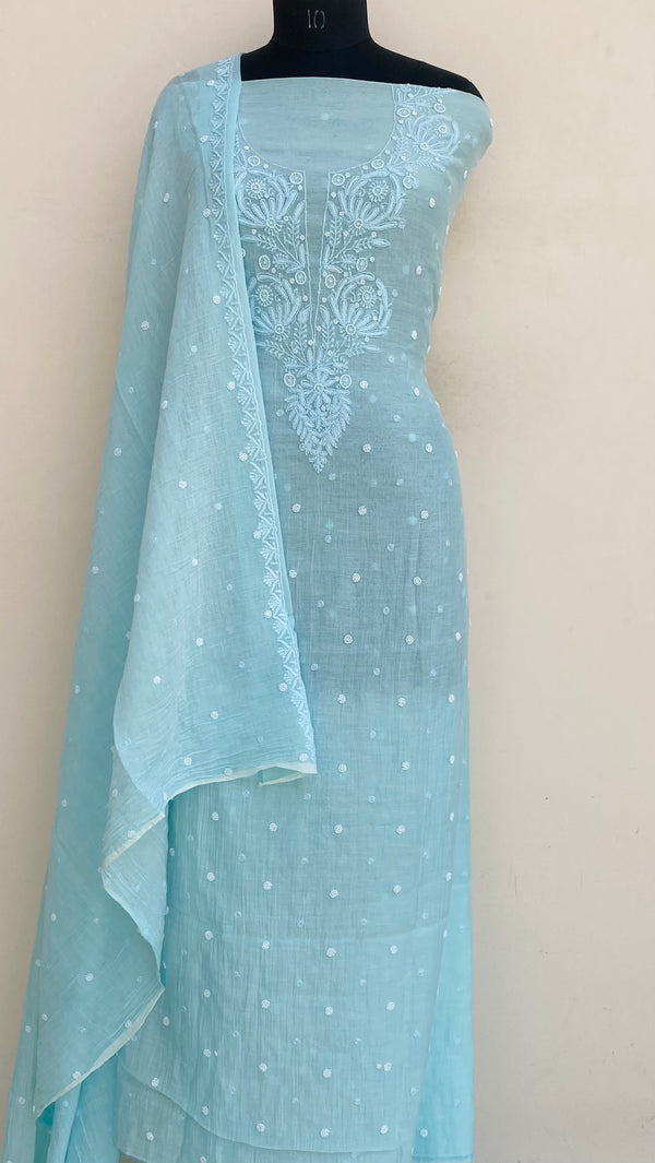 Lucknowi Chikankari Suit Length 2 Piece Powder Blue Mal Chanderi With Pearl & Cutdana Work