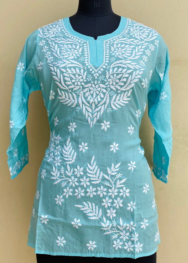 Lucknowi Chikankari Short Kurti Blue Modal Cotton