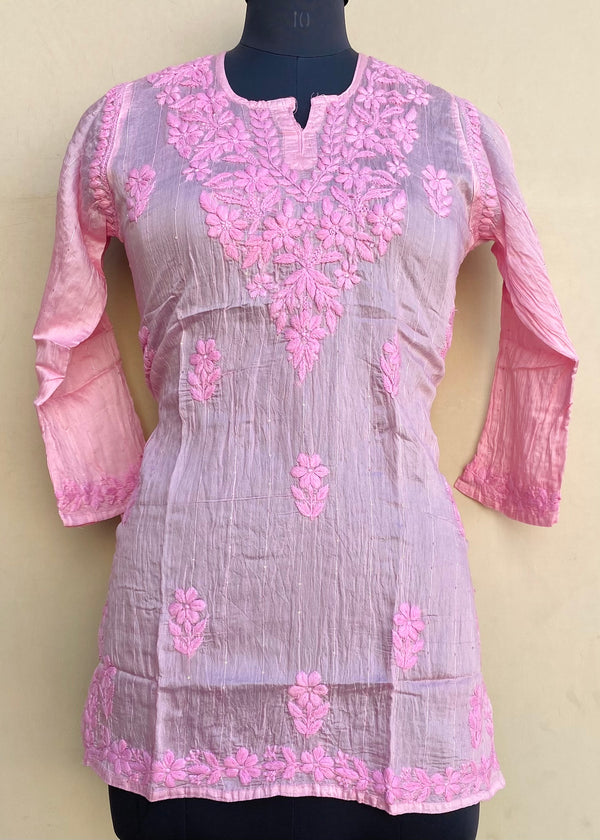 Lucknowi Chikankari Short Kurti Pink Mal Chanderi