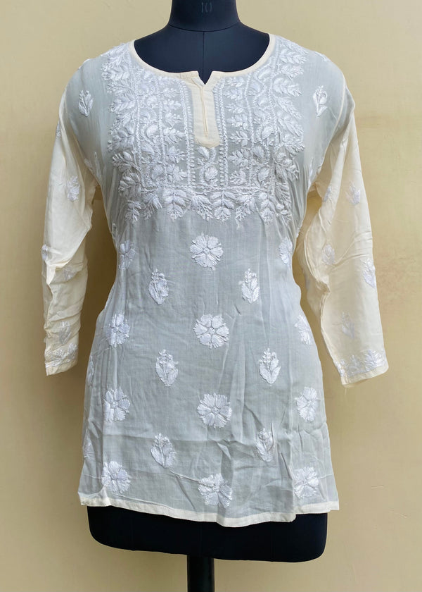 Lucknowi Chikankari Short Kurti Cream Modal Cotton