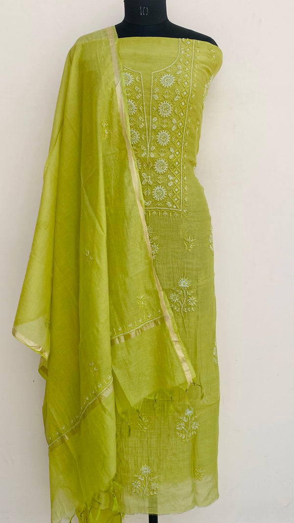 Lucknowi Chikankari Suit Length 2 Piece Mehndi Green Mal Chanderi With Cutdana Work