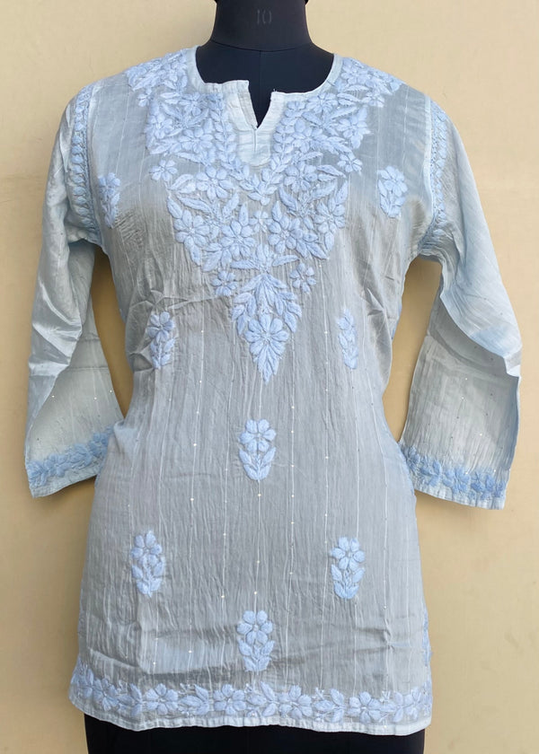 Lucknowi Chikankari Short Kurti Powder Blue Mal Chanderi