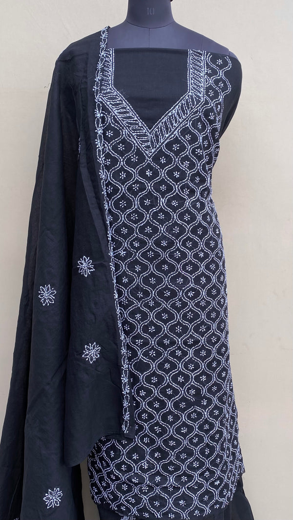 Lucknowi Chikankari Suit Length 3 Piece Black Cotton With Embroidered Cotton Dupatta