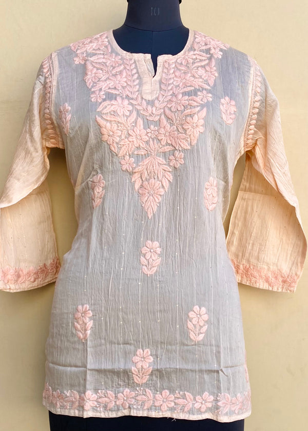 Lucknowi Chikankari Short Kurti Peach Mal Chanderi