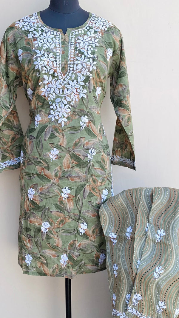 Lucknowi Chikankari Printed Co-ord Set Mehndi Green Mulmul Cotton