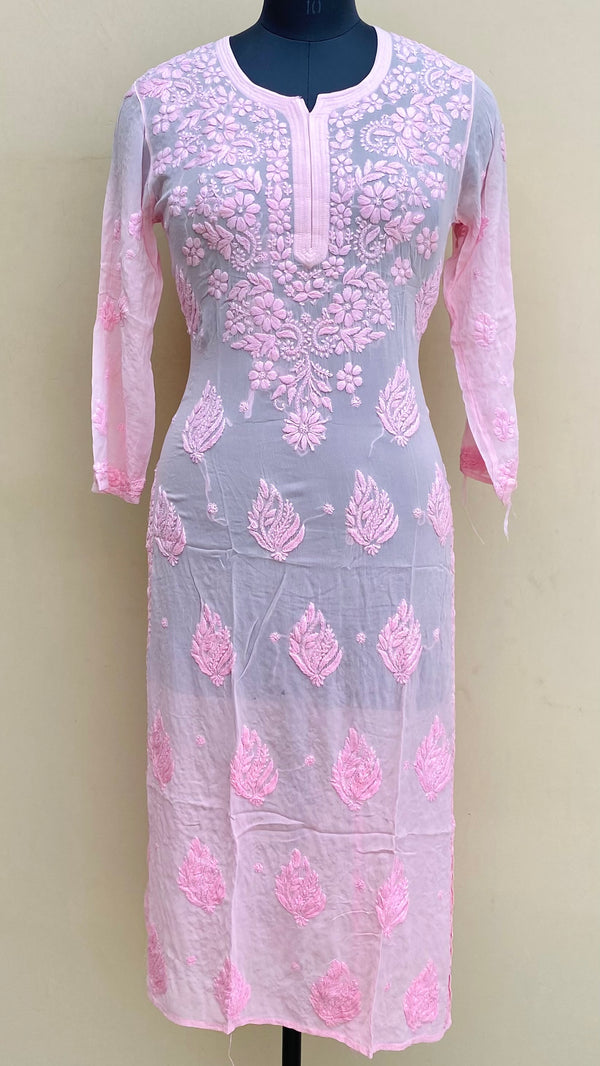 Lucknowi Chikankari Ombre Kurti Pink Pure Georgette With Self 3D Work