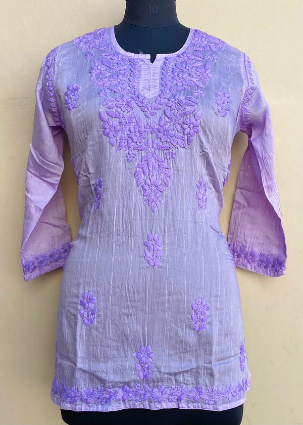 Lucknowi Chikankari Short Kurti Purple Mal Chanderi