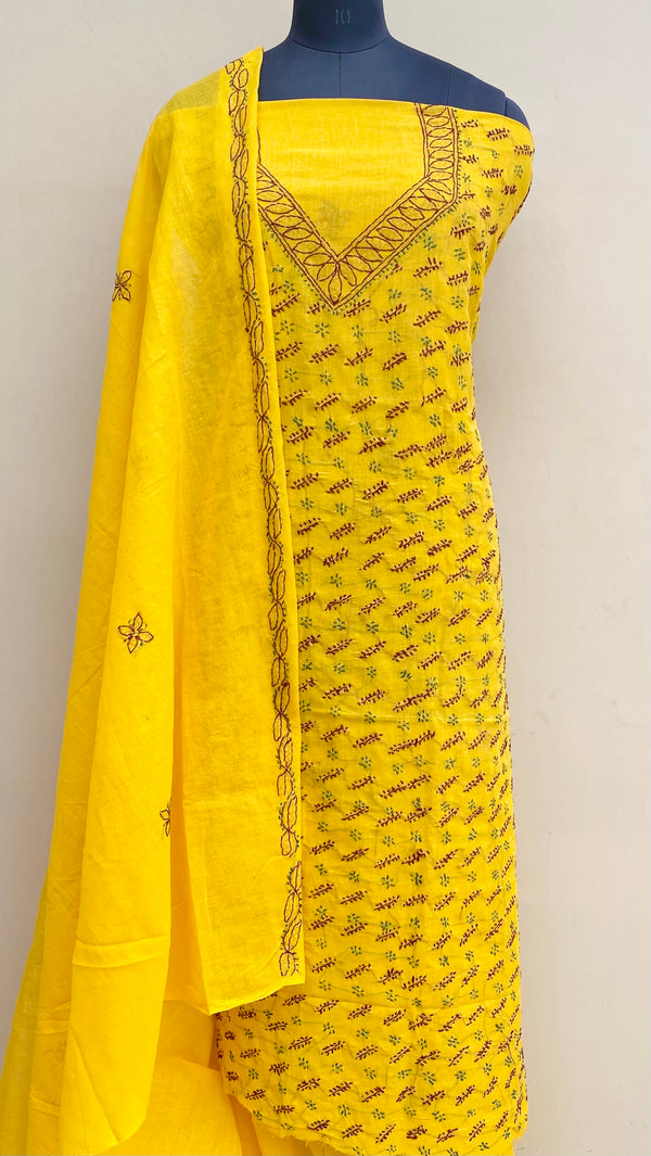 Lucknowi Chikankari Suit Length 3 Piece Yellow Cotton With Embroidered Cotton Dupatta