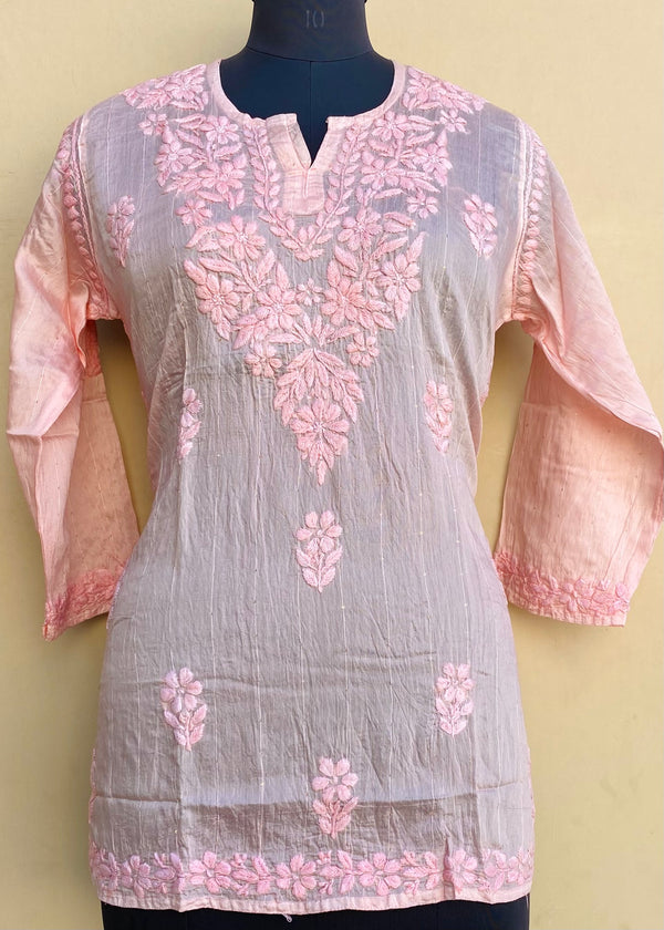 Lucknowi Chikankari Short Kurti Pink Mal Chanderi