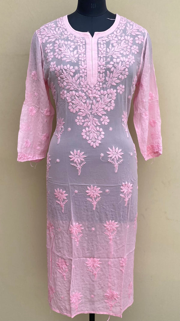 Lucknowi Chikankari Ombre Kurti Pink Pure Georgette With Self 3D Work