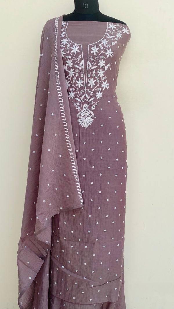 Lucknowi Chikankari Suit Length 2 Piece Brown Mal Chanderi With Cutdana Work