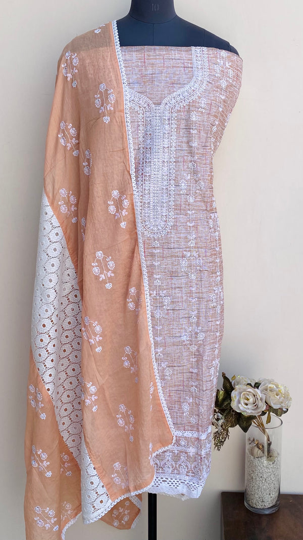 Designer Embroidered Suit Length 3 Piece Peach Linen Sequence Work