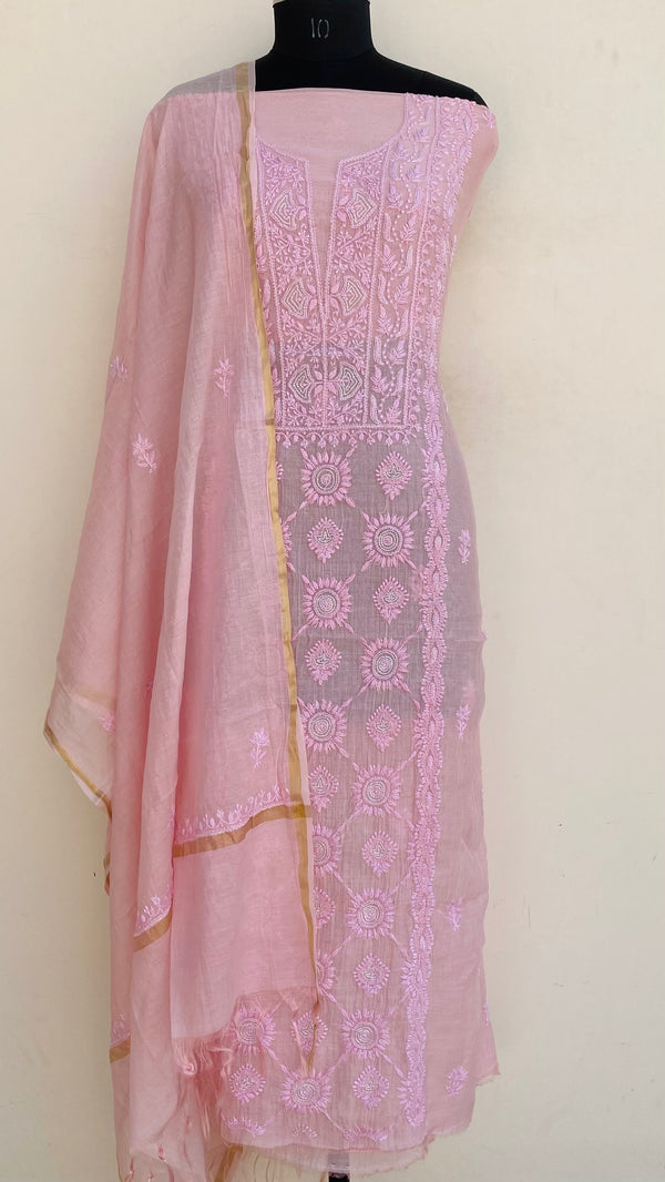 Lucknowi Chikankari Suit Length 2 Piece Pink Mal Chanderi With Cutdana Work