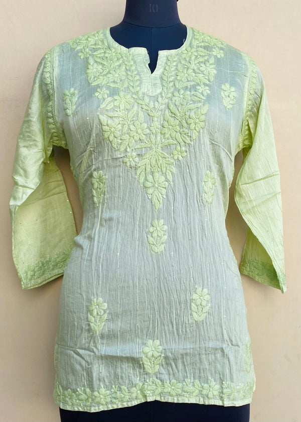 Lucknowi Chikankari Short Kurti Green Mal Chanderi