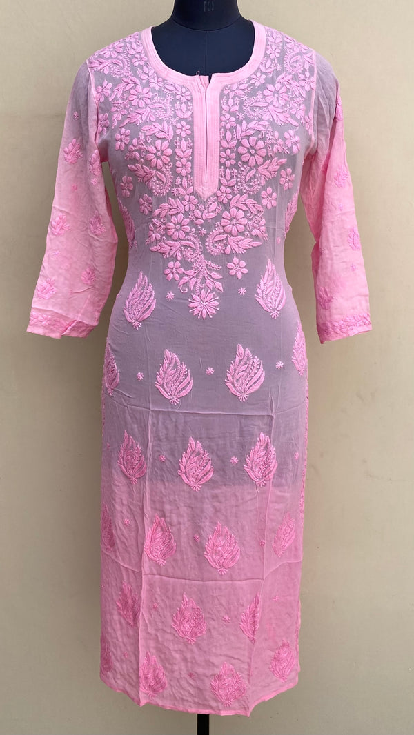 Lucknowi Chikankari Ombre Kurti Pink Pure Georgette With Self 3D Work