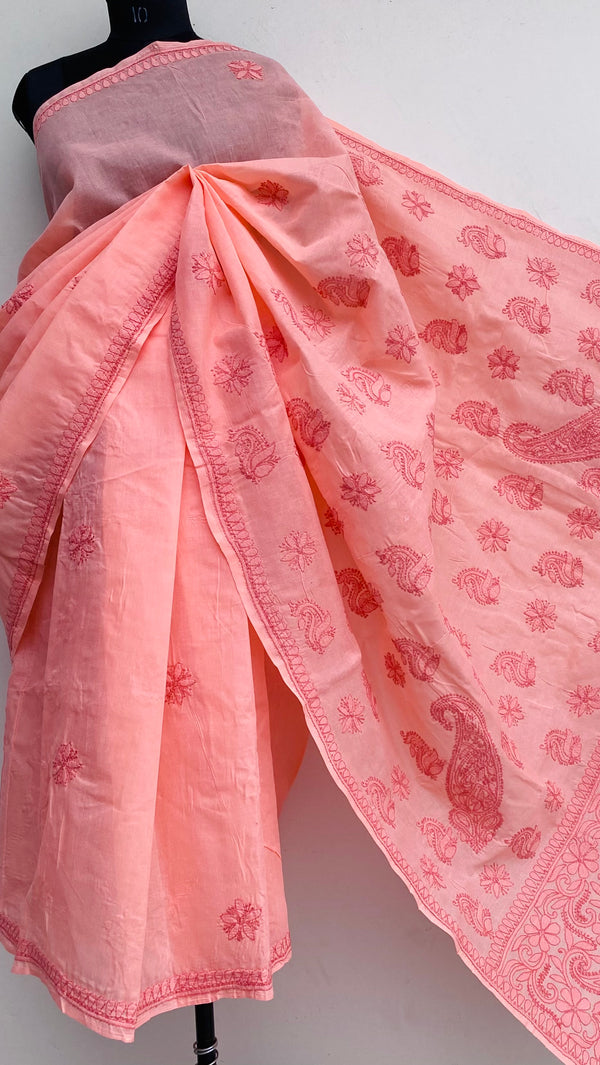 Lucknowi Chikankari Saree Peach Cotton