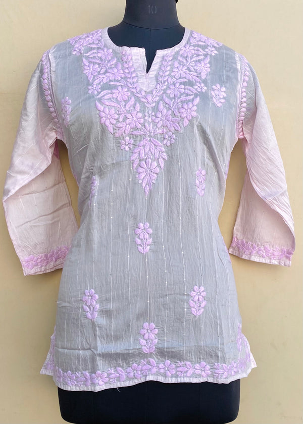 Lucknowi Chikankari Short Kurti Pink Mal Chanderi