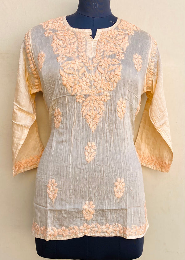 Lucknowi Chikankari Short Kurti Peach Mal Chanderi