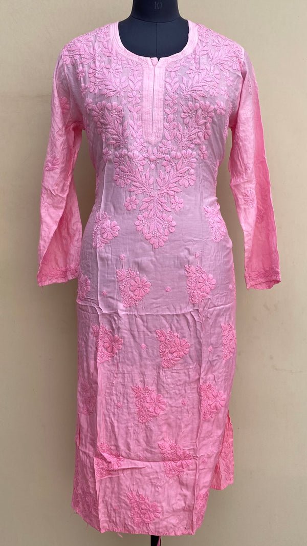 Lucknowi Chikankari Ombre Kurti Pink Muslin Cotton With Self 3D Work
