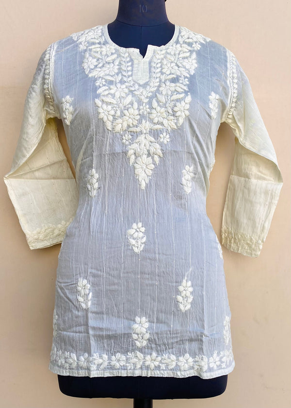 Lucknowi Chikankari Short Kurti Cream Mal Chanderi