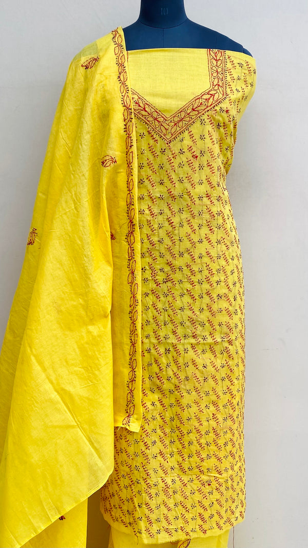 Lucknowi Chikankari Suit Length 3 Piece Yellow Cotton With Embroidered Cotton Dupatta