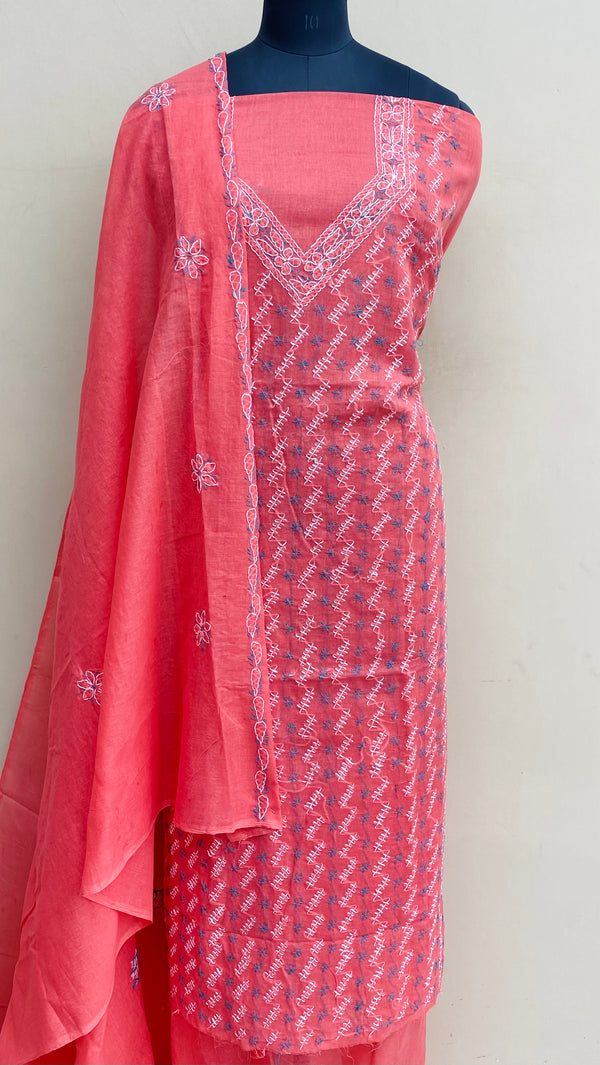 Lucknowi Chikankari Suit Length 3 Piece Gajri  Cotton With Embroidered Cotton Dupatta